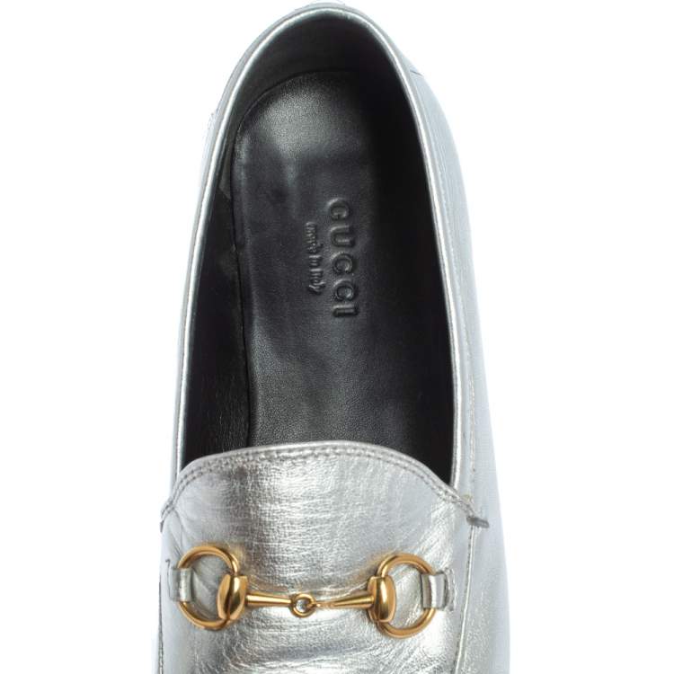 Pre Owned Gucci Silver Leather Jordaan Horsebit Slip On Loafers Size 37