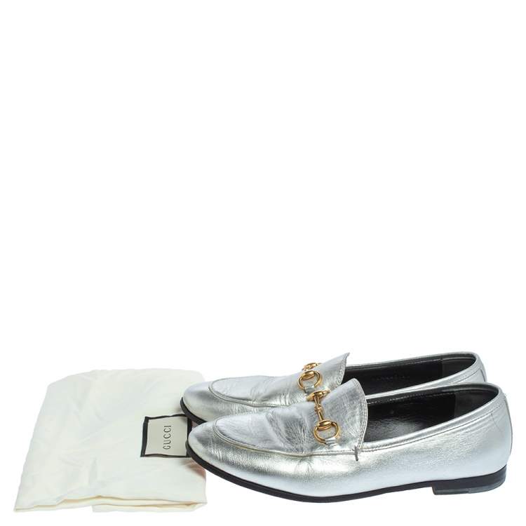Pre Owned Gucci Silver Leather Jordaan Horsebit Slip On Loafers Size 37