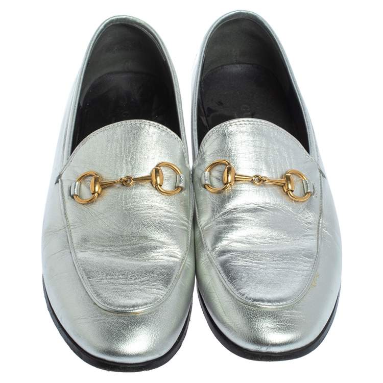 Pre Owned Gucci Silver Leather Jordaan Horsebit Slip On Loafers Size 37