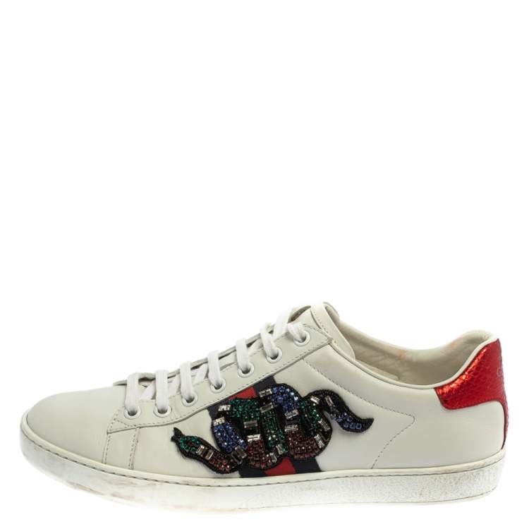 White Leather Ace Snake Crystal Embellished Low Top Sneakers 38.5 Gucci | TLC