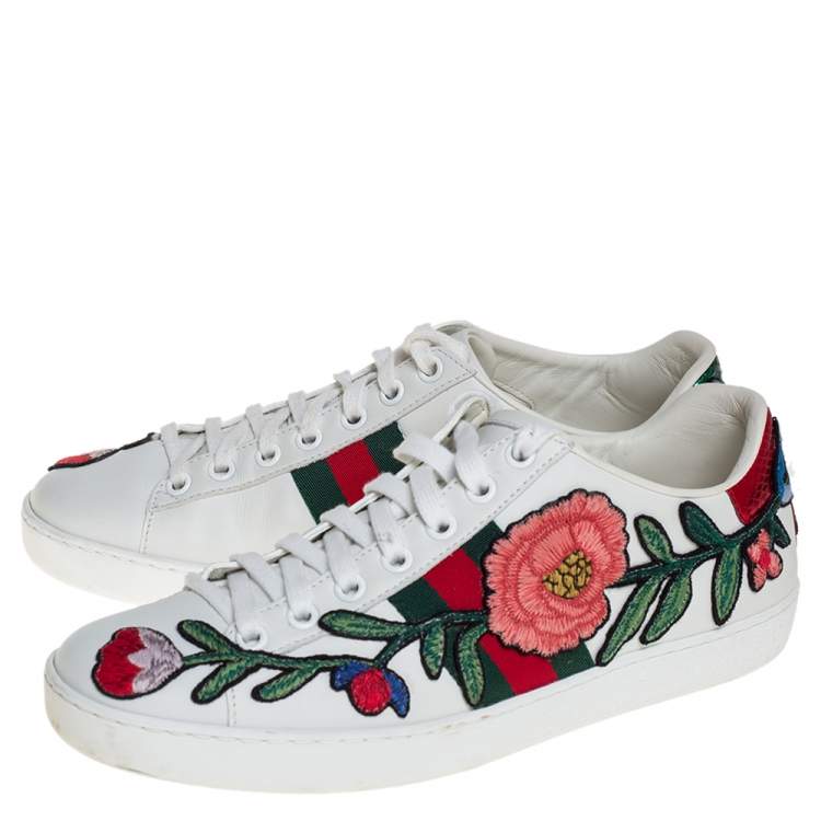 Pre Owned Gucci White Floral Embroidered Leather Ace Low Top Sneakers Size 36