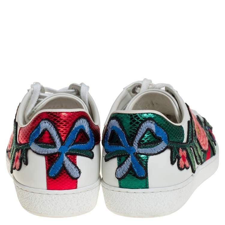 Pre Owned Gucci White Floral Embroidered Leather Ace Low Top Sneakers Size 36