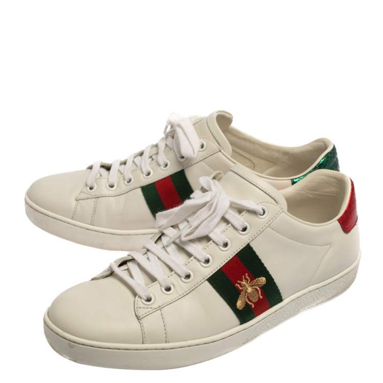 Pre Owned Gucci White Canvas And Leather Ace Sneakers Size 39