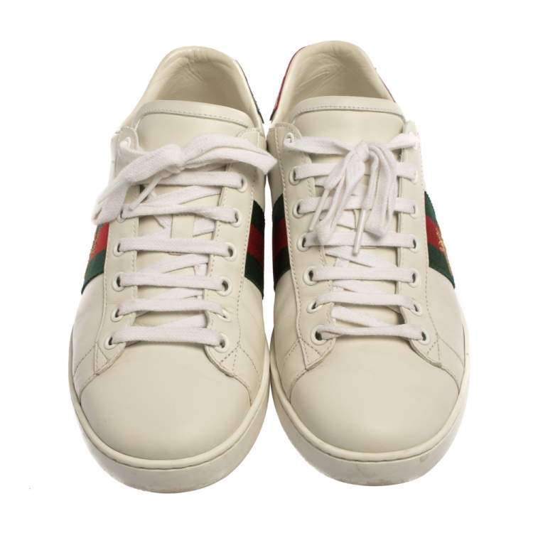 Pre Owned Gucci White Canvas And Leather Ace Sneakers Size 39