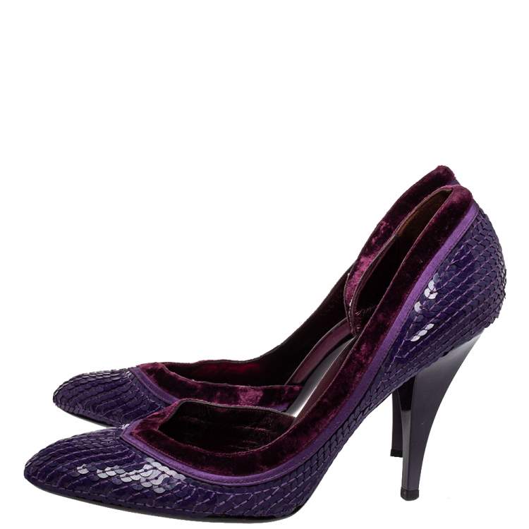 Pre Owned Gucci Purple Sequined Satin And Velvet Half D'orsay Pumps Size 38.5