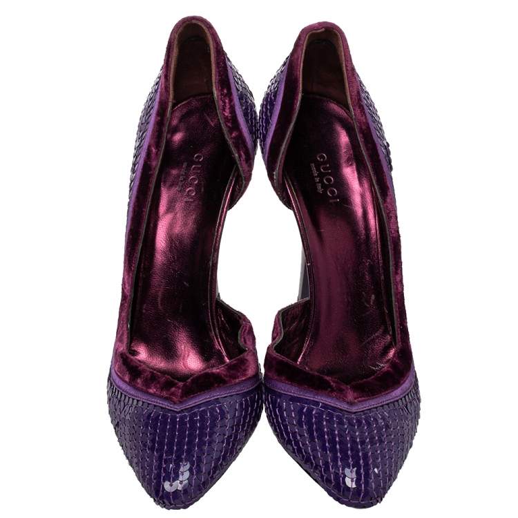 Pre Owned Gucci Purple Sequined Satin And Velvet Half D'orsay Pumps Size 38.5