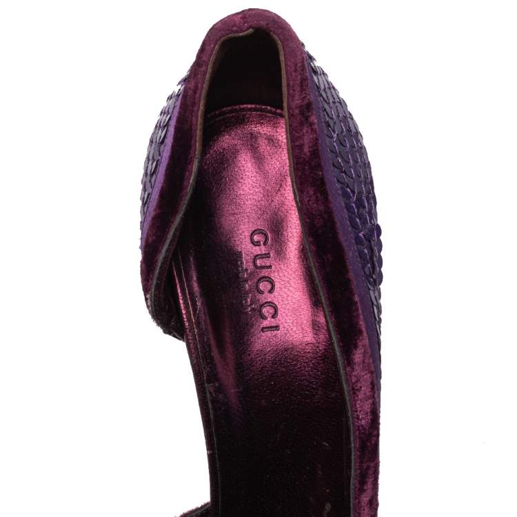 Pre Owned Gucci Purple Sequined Satin And Velvet Half D'orsay Pumps Size 38.5