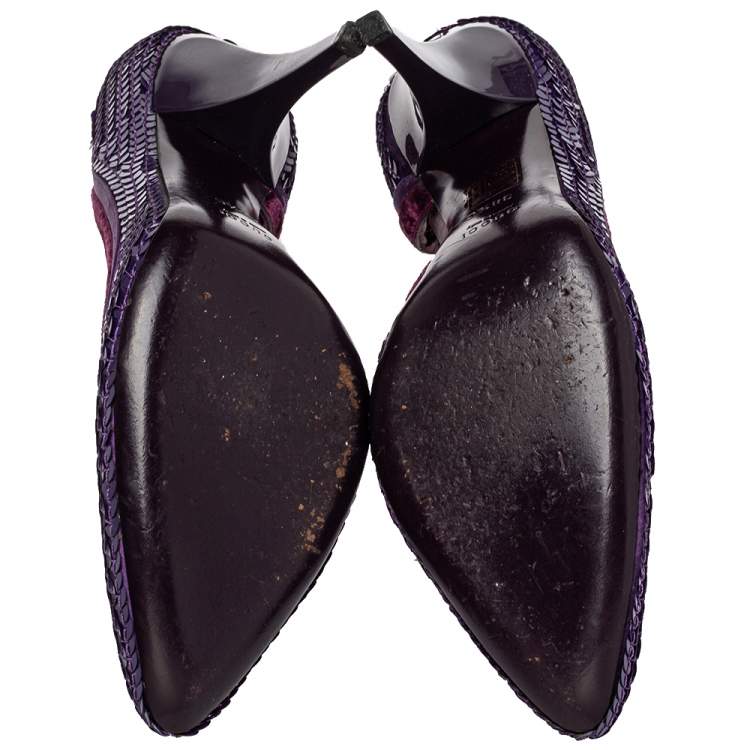 Pre Owned Gucci Purple Sequined Satin And Velvet Half D'orsay Pumps Size 38.5
