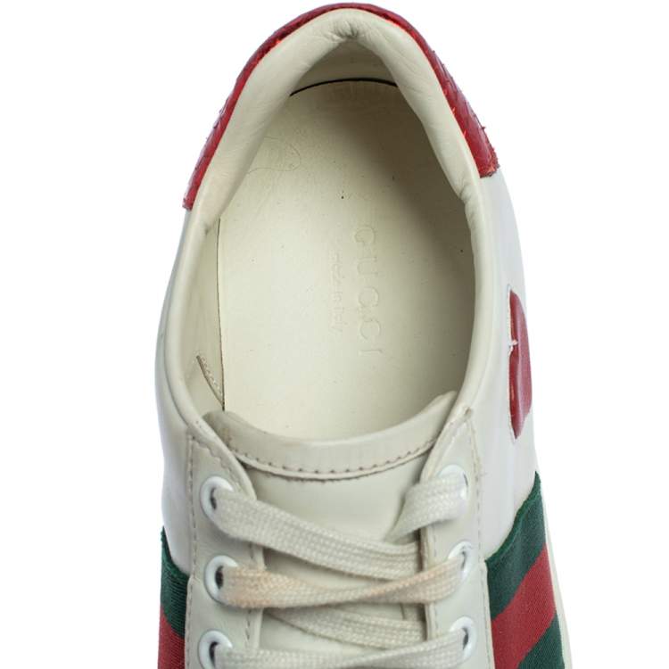 Pre Owned Gucci White Leather Ace Web Heart Detail Lace Up Sneakers Size 35.5