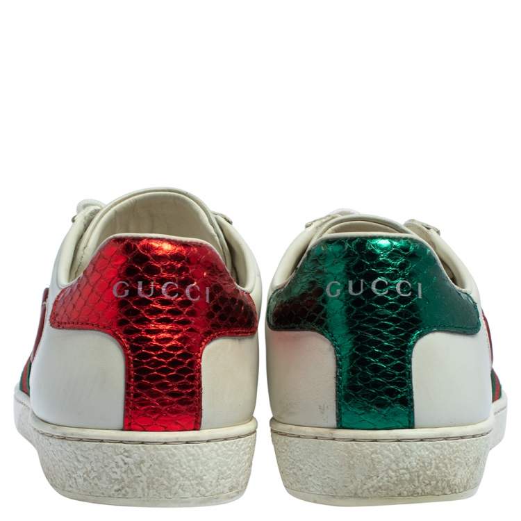 Pre Owned Gucci White Leather Ace Web Heart Detail Lace Up Sneakers Size 35.5