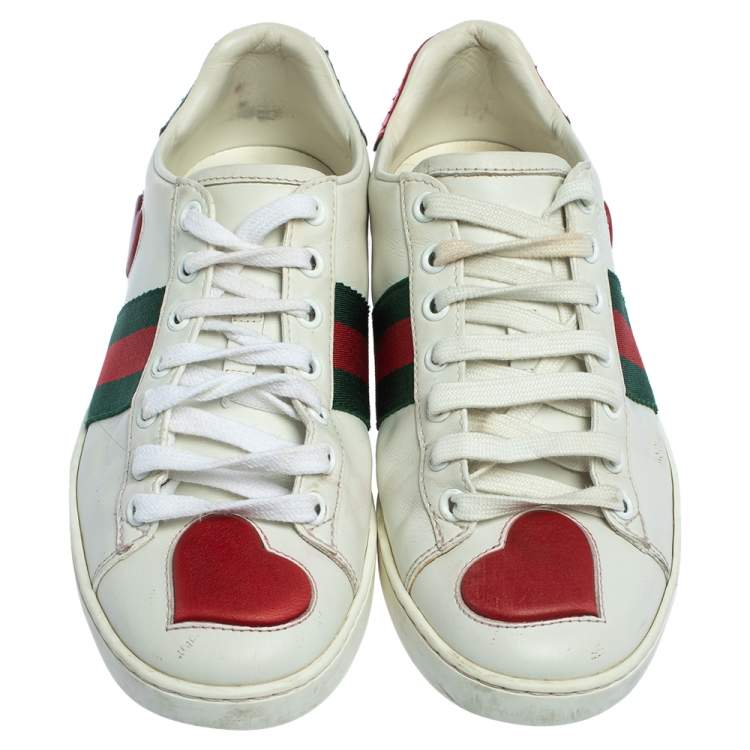 Pre Owned Gucci White Leather Ace Web Heart Detail Lace Up Sneakers Size 35.5