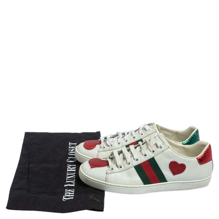 Pre Owned Gucci White Leather Ace Web Heart Detail Lace Up Sneakers Size 35.5