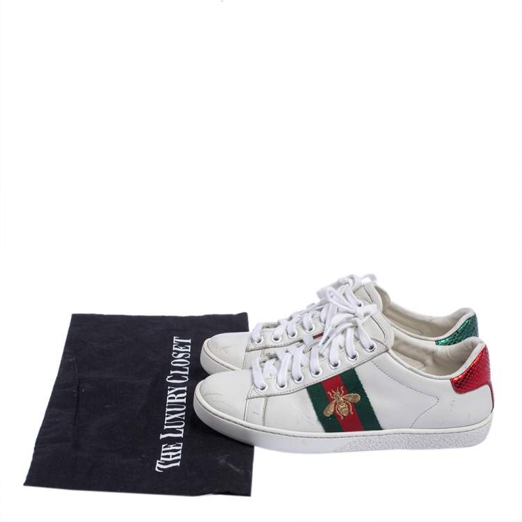 Pre Owned Gucci White Leather Embroidered Bee Ace Low Top Sneakers Size 34