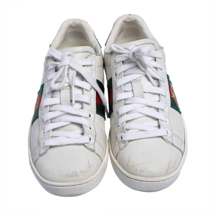 Pre Owned Gucci White Leather Embroidered Bee Ace Low Top Sneakers Size 34