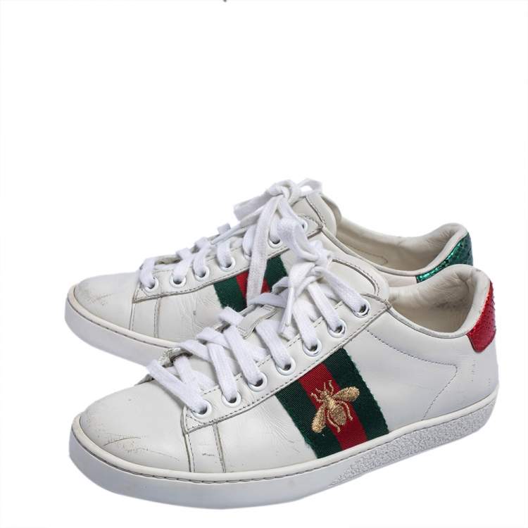 Pre Owned Gucci White Leather Embroidered Bee Ace Low Top Sneakers Size 34