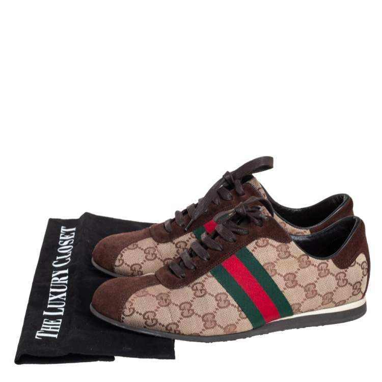 Pre Owned Gucci Brown/Beige Suede And GG Canvas Classic Web Low Top Sneakers Size 38.5