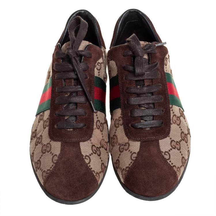 Pre Owned Gucci Brown/Beige Suede And GG Canvas Classic Web Low Top Sneakers Size 38.5