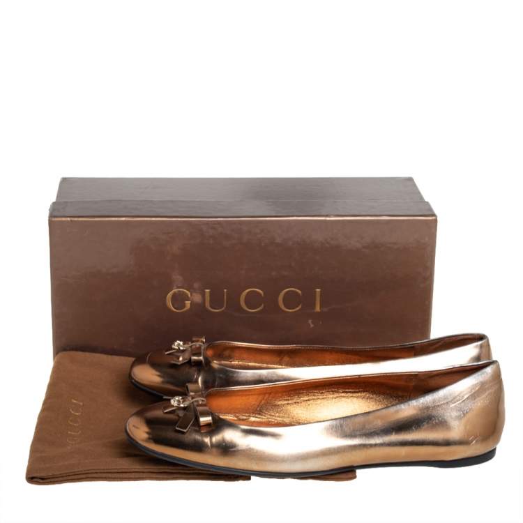 Pre Owned Gucci Gold Leather Slip on Bow Ballet Flats Size 39