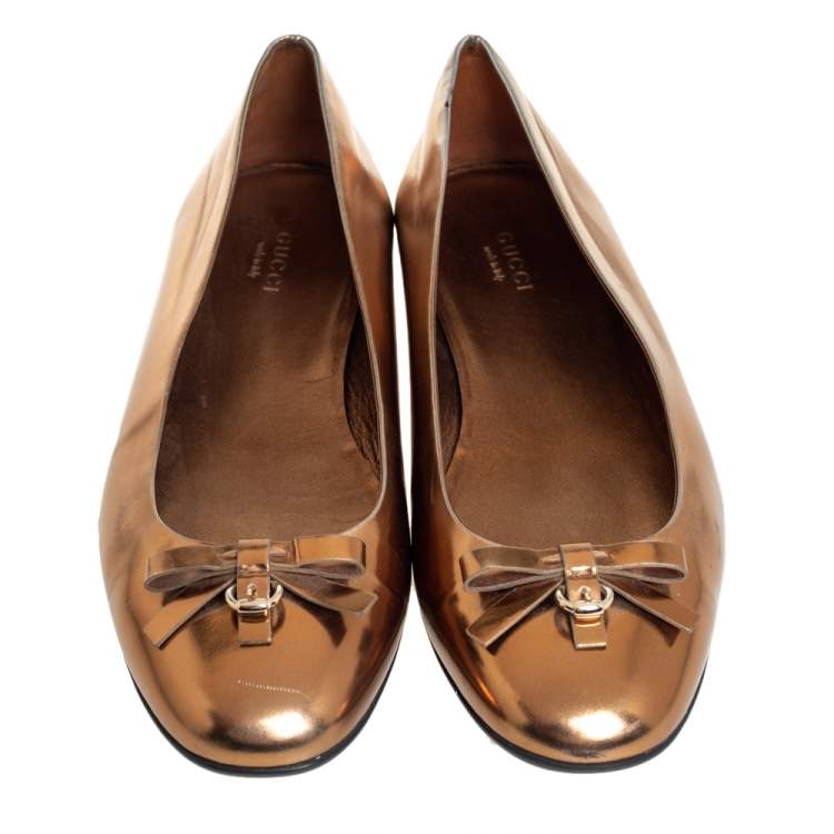 Pre Owned Gucci Gold Leather Slip on Bow Ballet Flats Size 39