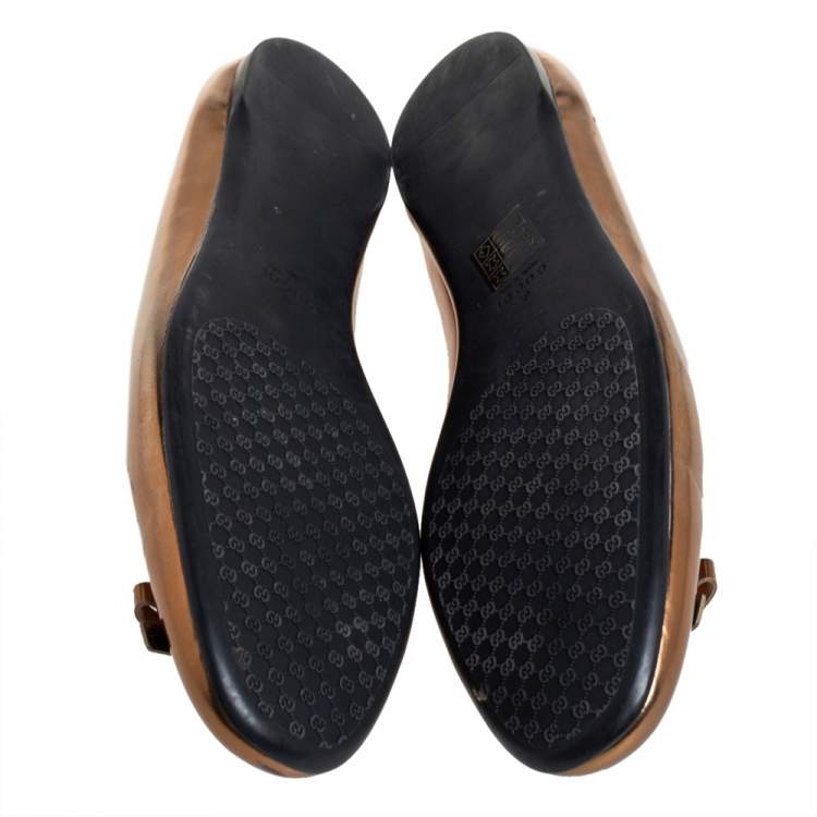Pre Owned Gucci Gold Leather Slip on Bow Ballet Flats Size 39