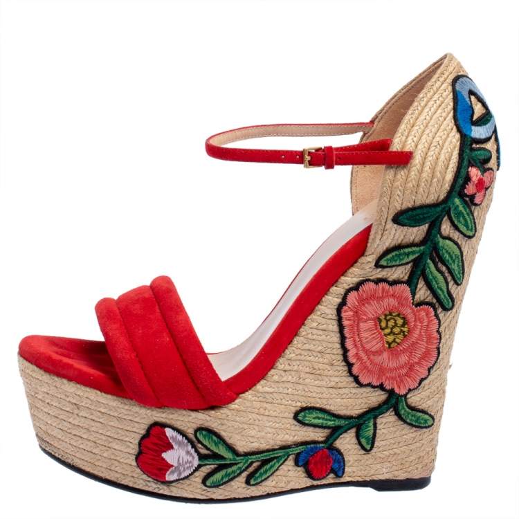 Gucci Red Suede Floral Embroidered Wedge Platform Ankle Strap Espadrilles  Size 39 Gucci