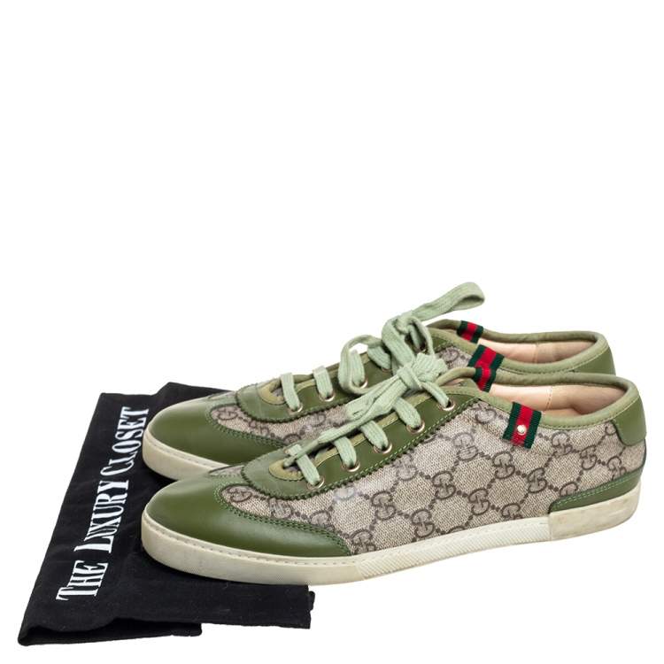 Pre Owned Gucci Green Leather And Brown/Beige GG Supreme Canvas Low Top Sneakers Size 38