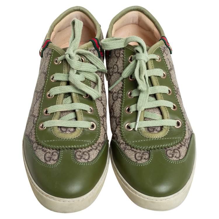 Pre Owned Gucci Green Leather And Brown/Beige GG Supreme Canvas Low Top Sneakers Size 38