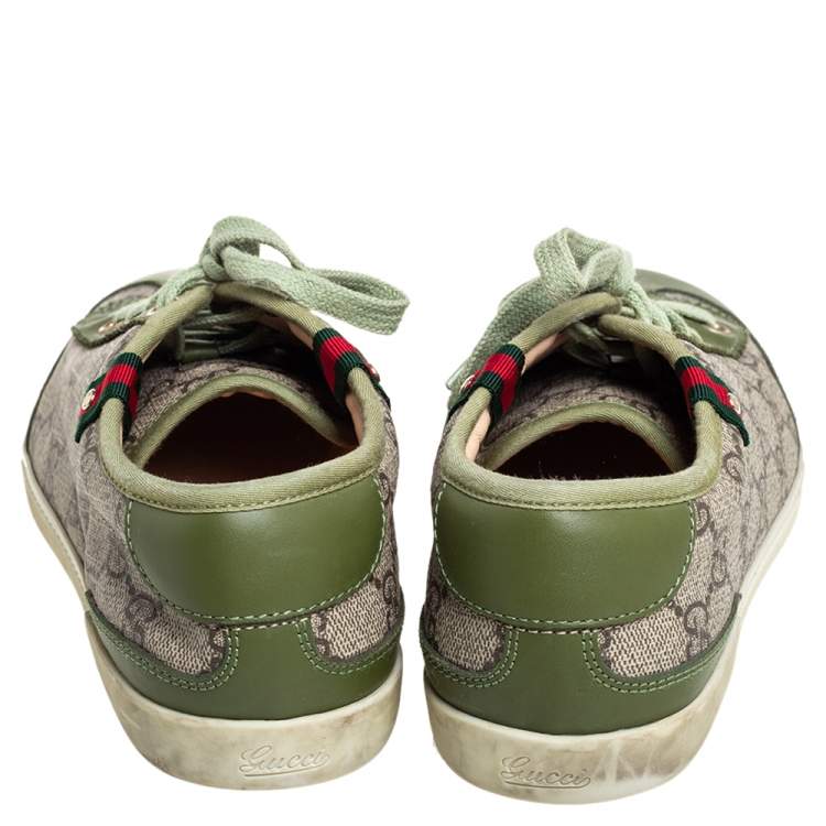 Pre Owned Gucci Green Leather And Brown/Beige GG Supreme Canvas Low Top Sneakers Size 38