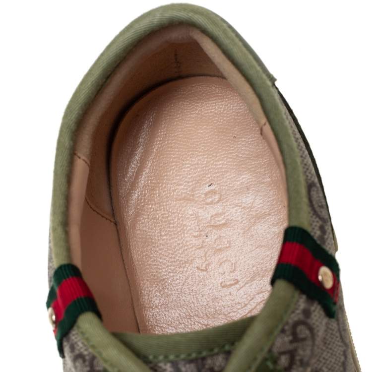 Pre Owned Gucci Green Leather And Brown/Beige GG Supreme Canvas Low Top Sneakers Size 38