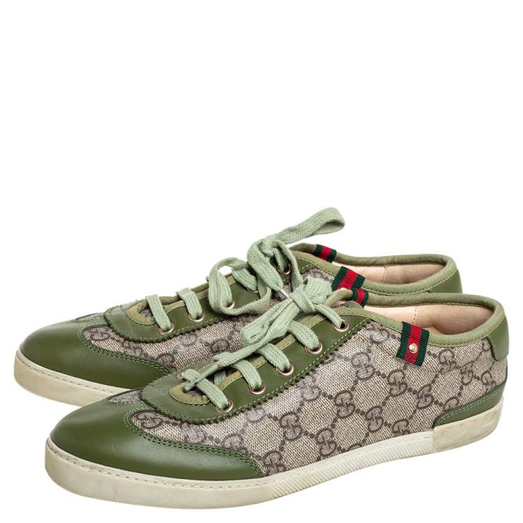 Pre Owned Gucci Green Leather And Brown/Beige GG Supreme Canvas Low Top Sneakers Size 38