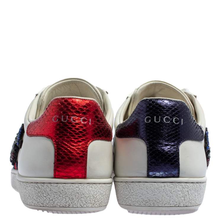 Pre Owned Gucci White Leather Snake Embroidered Ace Sneakers Size 38