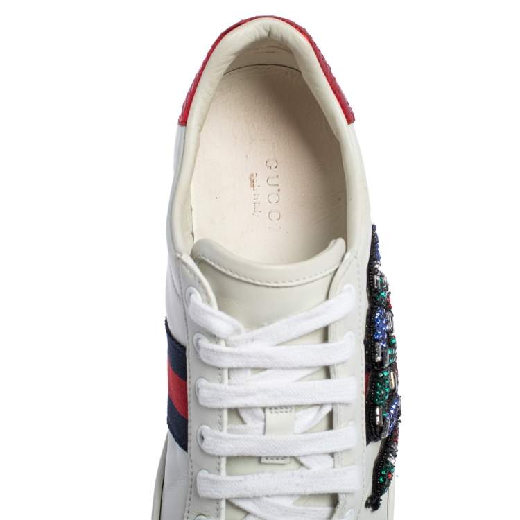Pre Owned Gucci White Leather Snake Embroidered Ace Sneakers Size 38