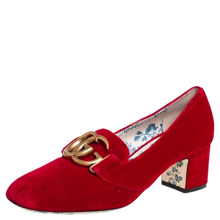 Gucci Red Velvet GG Marmont Victoire Block Heel Pumps Size 38 Gucci ...