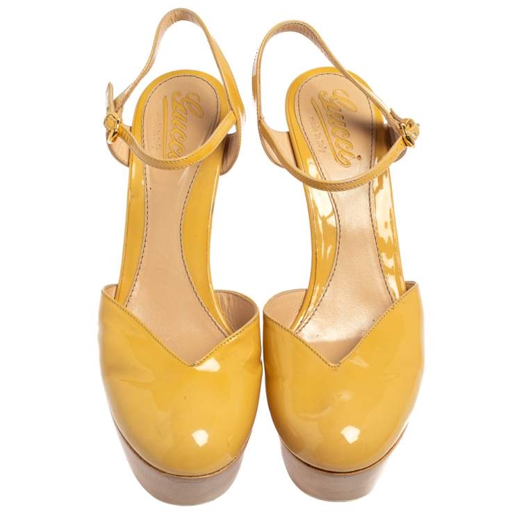 Pre Owned Gucci Yellow Patent Leather Platform Ankle Strap Sandals Size 38.5