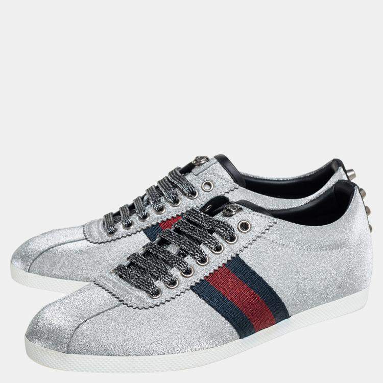 Pre Owned Gucci Silver Glitter Web Stud Embellished Sneakers Size 39
