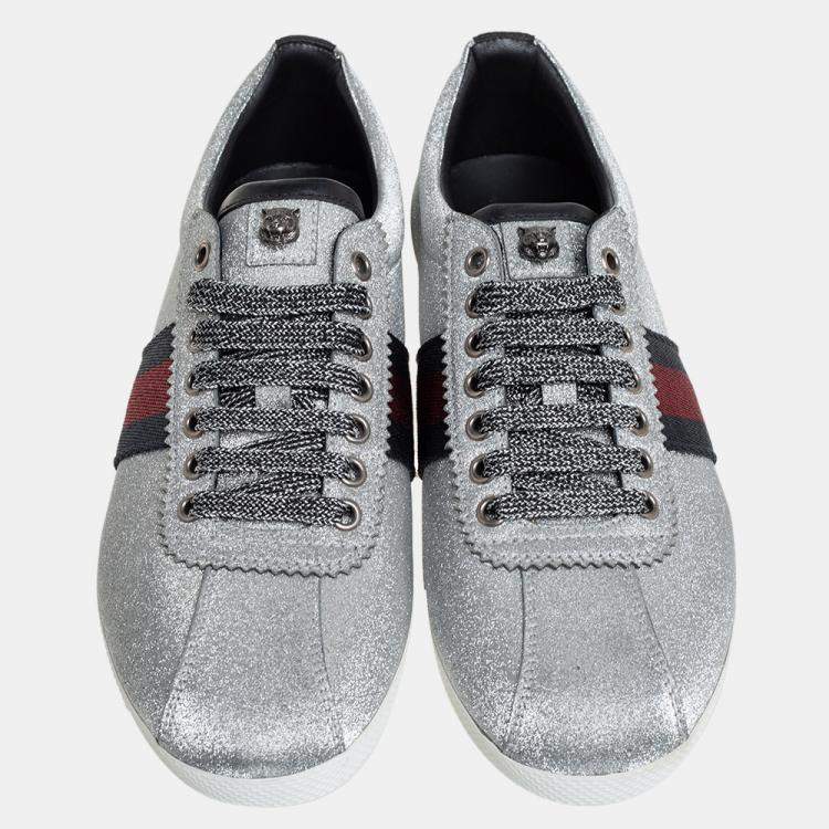 Pre Owned Gucci Silver Glitter Web Stud Embellished Sneakers Size 39