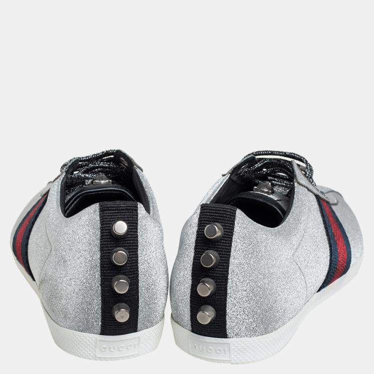 Pre Owned Gucci Silver Glitter Web Stud Embellished Sneakers Size 39
