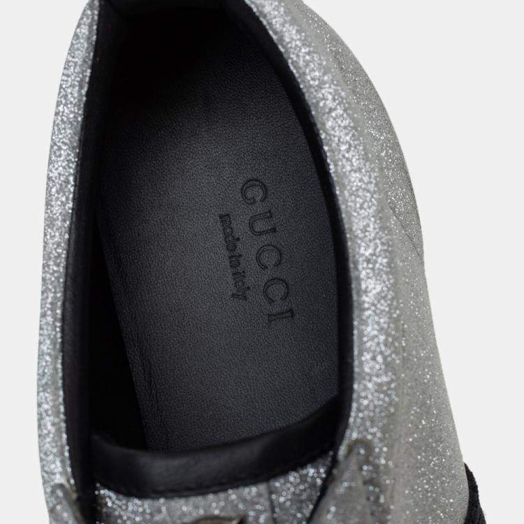 Pre Owned Gucci Silver Glitter Web Stud Embellished Sneakers Size 39