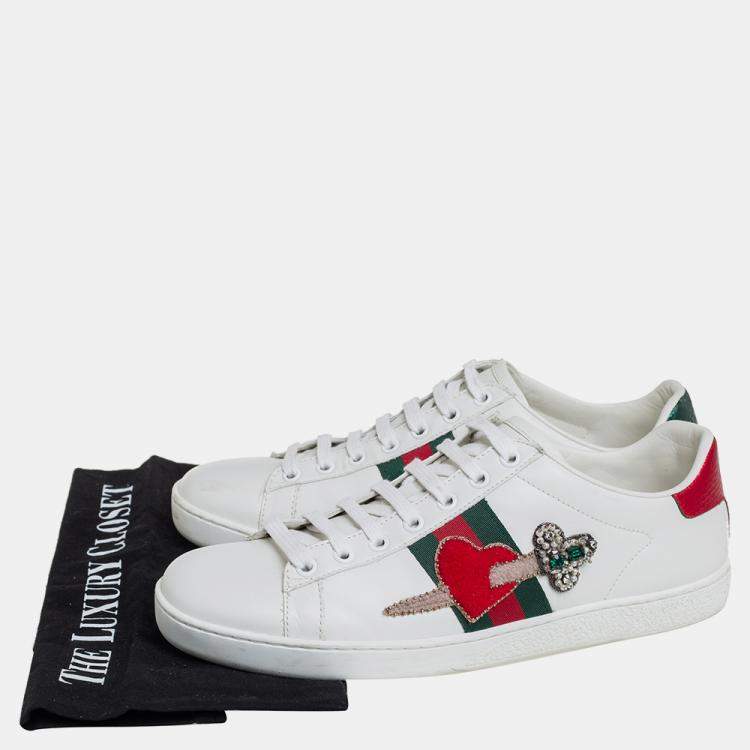 Pre Owned Gucci White Leather Ace Embellished  Low Top Sneakers Size 39