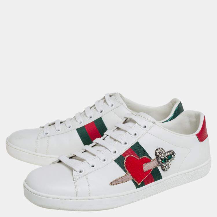 Pre Owned Gucci White Leather Ace Embellished  Low Top Sneakers Size 39