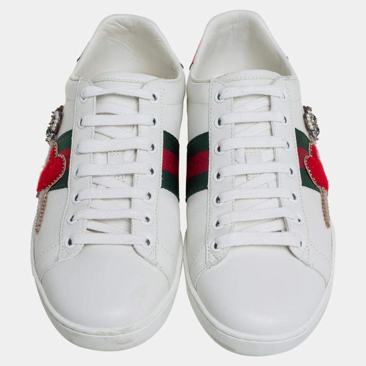 Pre Owned Gucci White Leather Ace Embellished  Low Top Sneakers Size 39