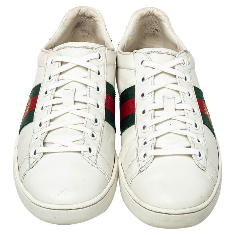 Pre Owned Gucci White Leather And Canvas  Bee Ace Low-Top Sneakers Size 36.5