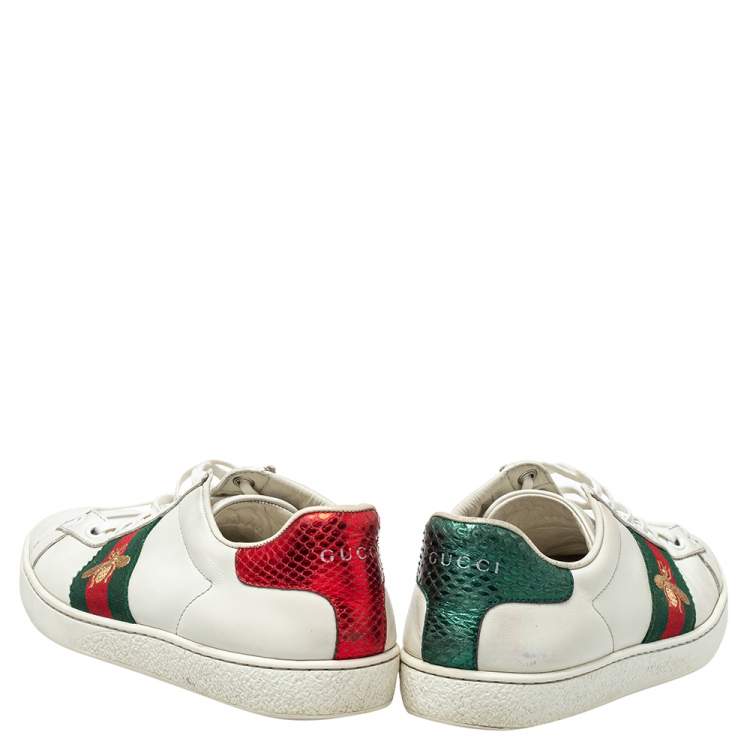 Pre Owned Gucci White Leather And Canvas  Bee Ace Low-Top Sneakers Size 36.5