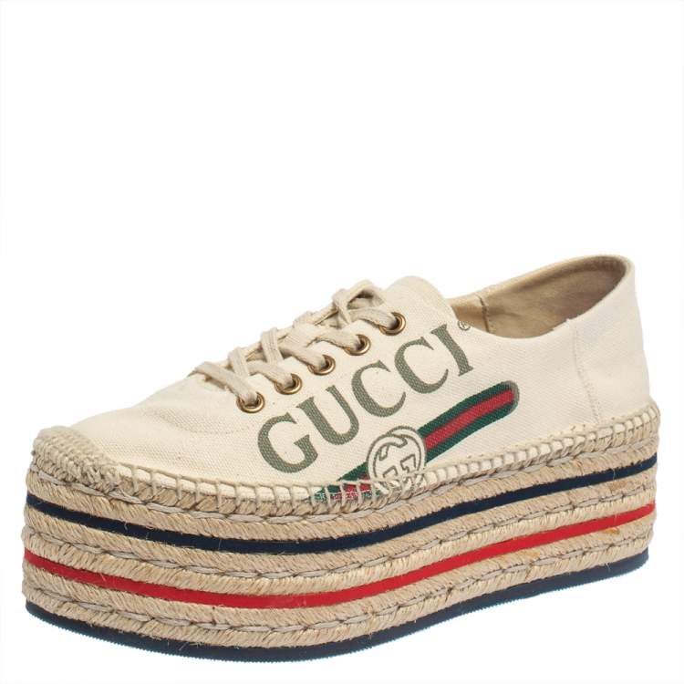 Pre Owned Gucci Beige Canvas Platform Espadrille Lace Up Sneakers Size  36