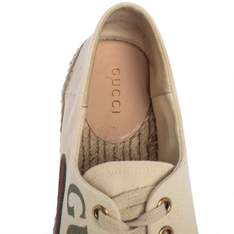 Pre Owned Gucci Beige Canvas Platform Espadrille Lace Up Sneakers Size  36