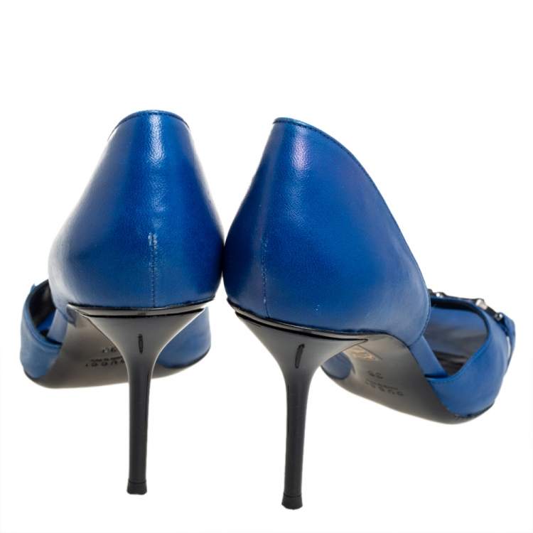 Pre Owned Gucci Blue Leather Horsebit Open Toe Pumps Size 38