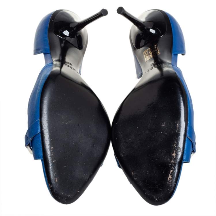Pre Owned Gucci Blue Leather Horsebit Open Toe Pumps Size 38