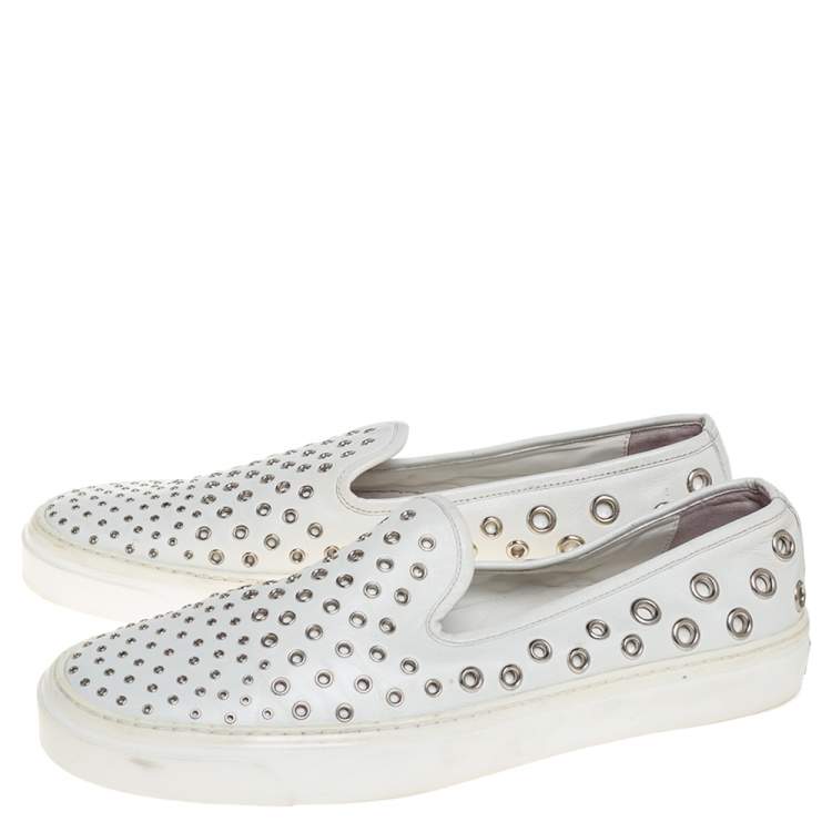 Pre Owned Gucci White Leather Eyelet Embellished Slip On Sneakers Size 38.5