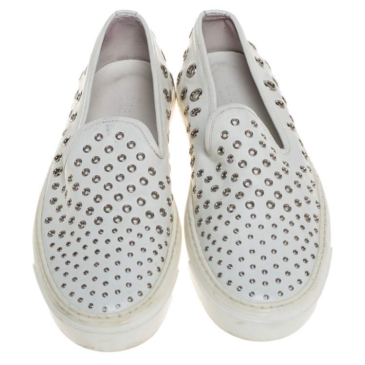 Pre Owned Gucci White Leather Eyelet Embellished Slip On Sneakers Size 38.5