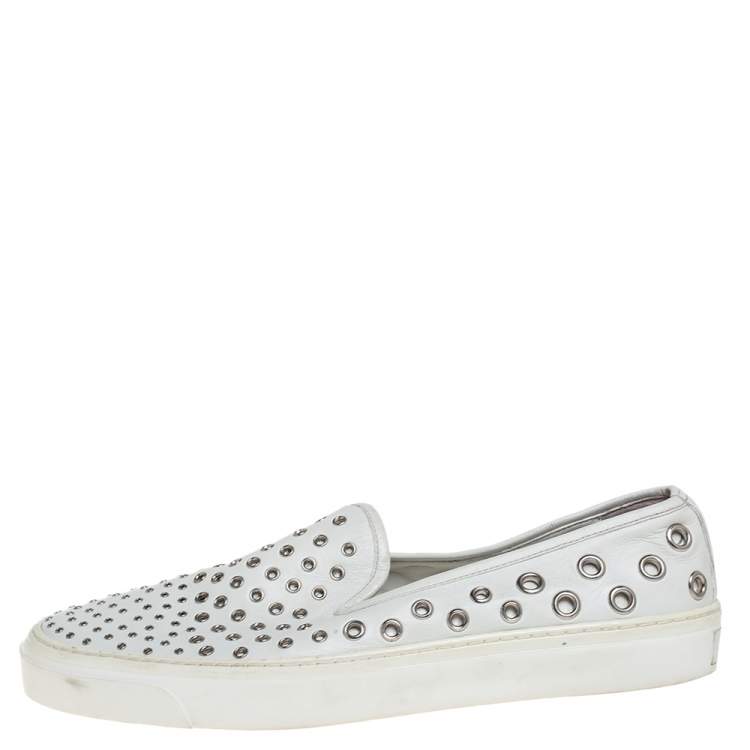 Pre Owned Gucci White Leather Eyelet Embellished Slip On Sneakers Size 38.5
